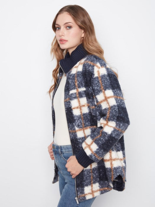 Charlie B Zipper Front Plaid Boucle Jacket With Rib Collar And Rounded Hem