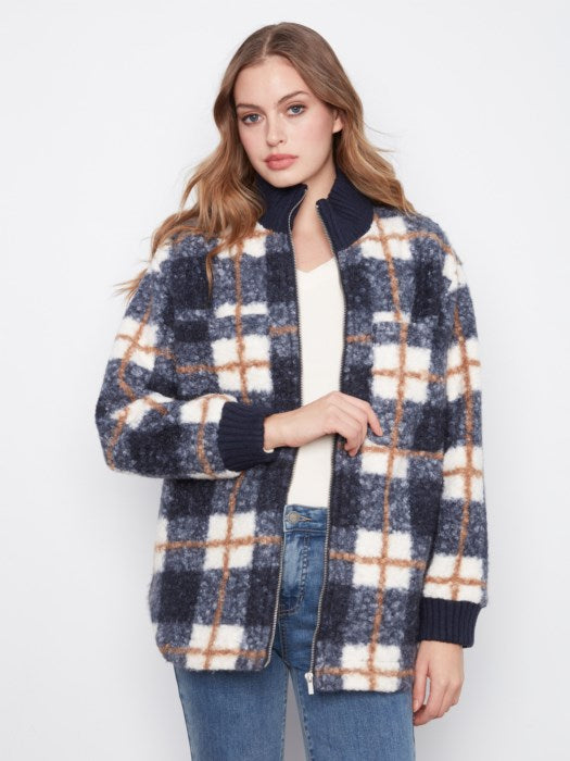 Charlie B Zipper Front Plaid Boucle Jacket With Rib Collar And Rounded Hem