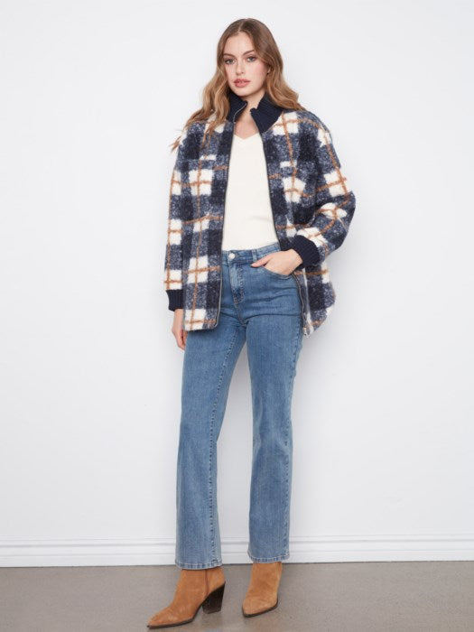 Charlie B Zipper Front Plaid Boucle Jacket With Rib Collar And Rounded Hem