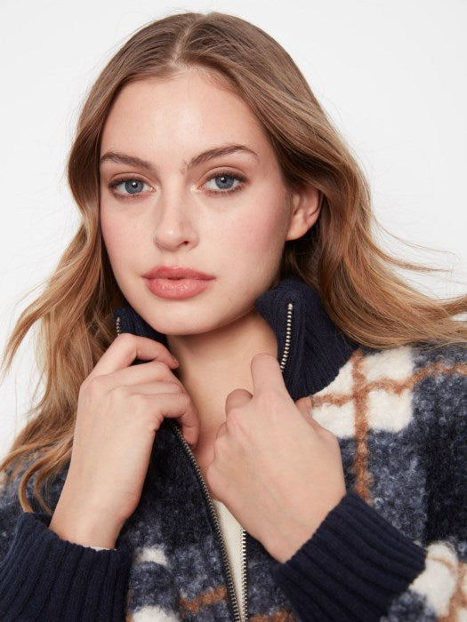 Charlie B Zipper Front Plaid Boucle Jacket With Rib Collar And Rounded Hem