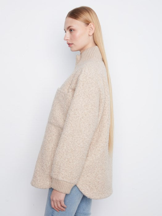 Charlie B Zipper Front Boucle Jacket With Rib Collar And Rounded Hem