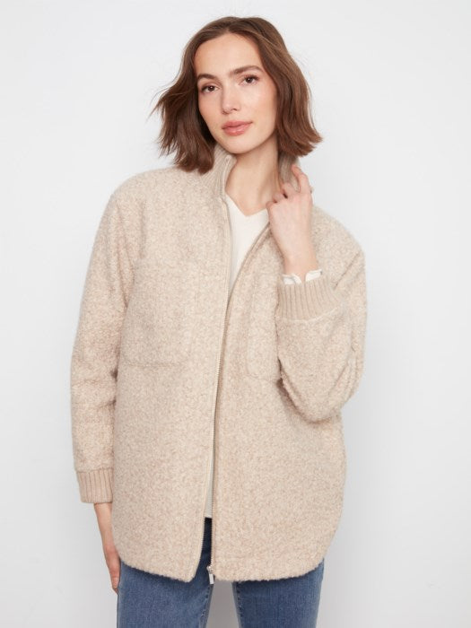 Charlie B Zipper Front Boucle Jacket With Rib Collar And Rounded Hem