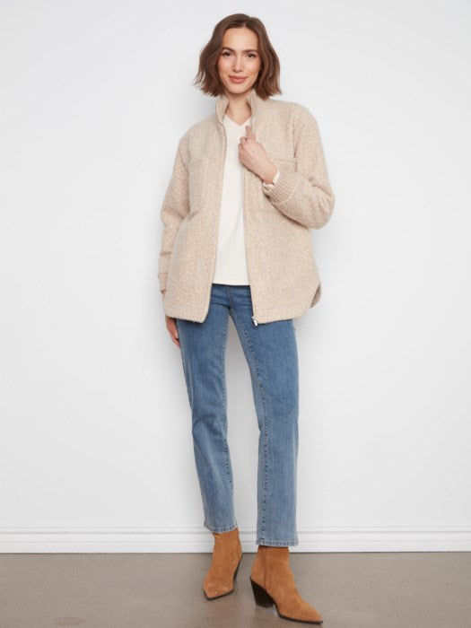 Charlie B Zipper Front Boucle Jacket With Rib Collar And Rounded Hem
