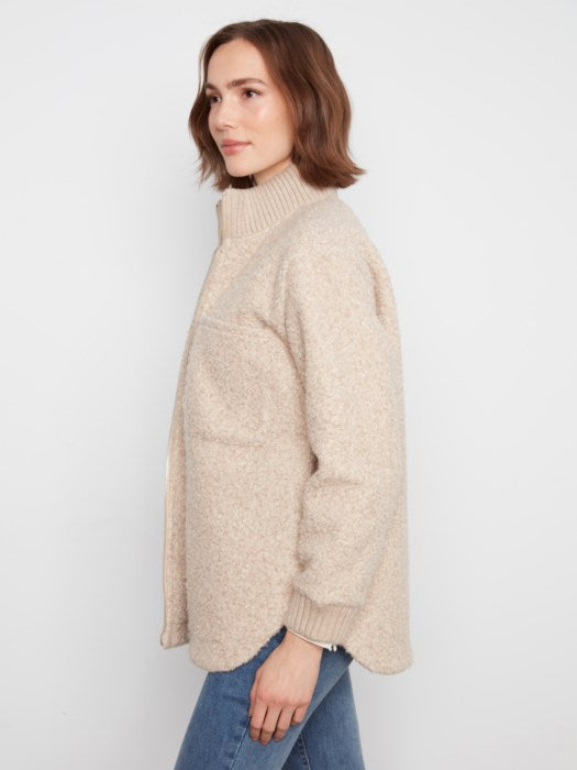 Charlie B Zipper Front Boucle Jacket With Rib Collar And Rounded Hem