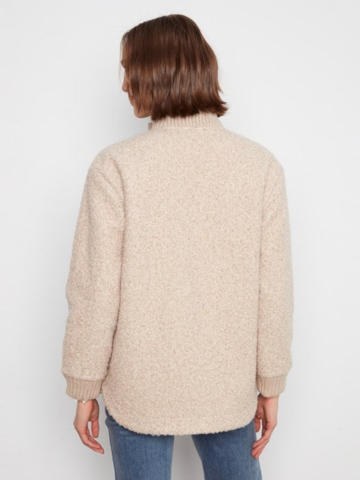 Charlie B Zipper Front Boucle Jacket With Rib Collar And Rounded Hem