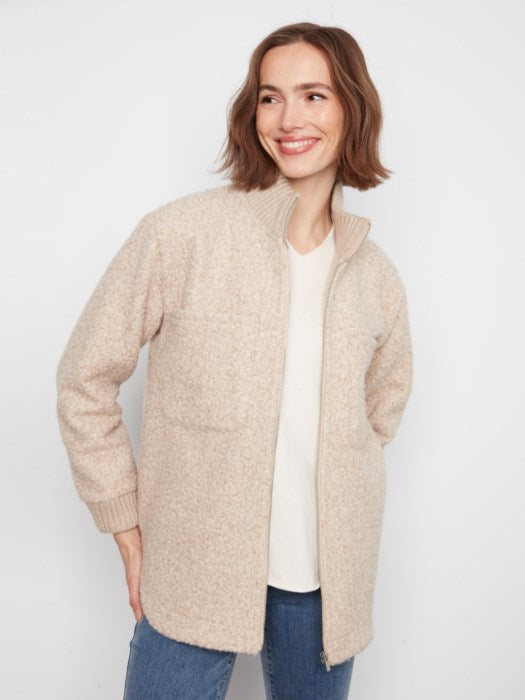 Charlie B Zipper Front Boucle Jacket With Rib Collar And Rounded Hem