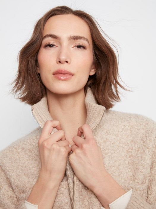 Charlie B Zipper Front Boucle Jacket With Rib Collar And Rounded Hem