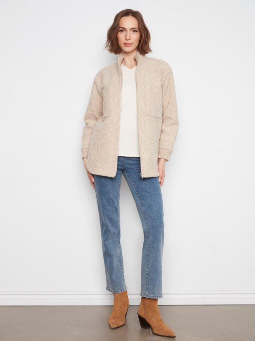 Charlie B Zipper Front Boucle Jacket With Rib Collar And Rounded Hem
