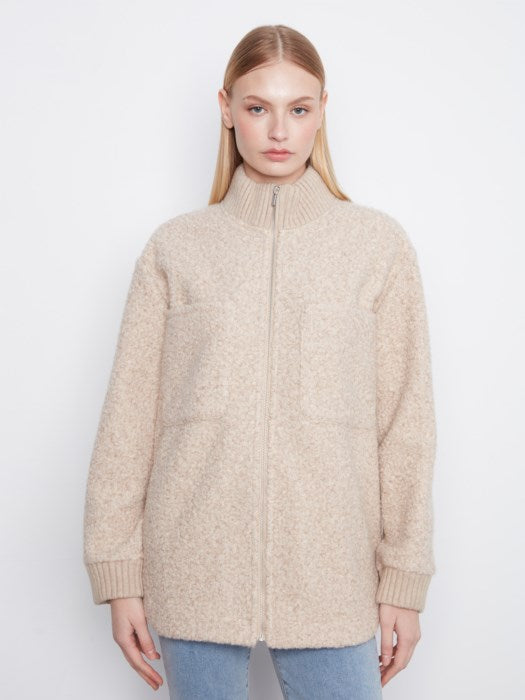 Charlie B Zipper Front Boucle Jacket With Rib Collar And Rounded Hem