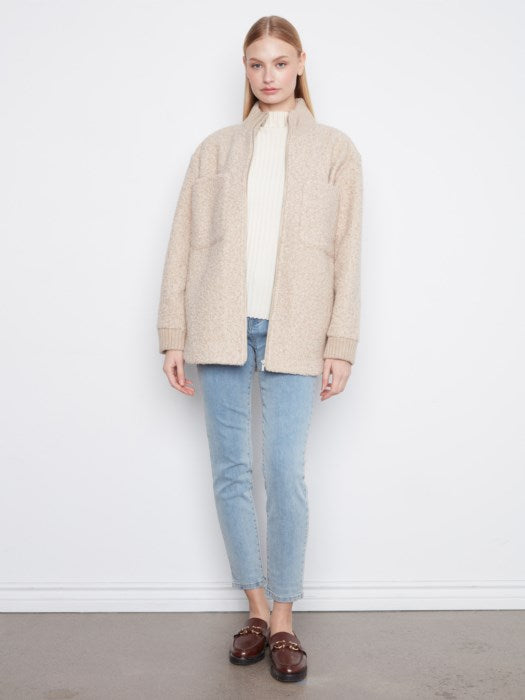 Charlie B Zipper Front Boucle Jacket With Rib Collar And Rounded Hem