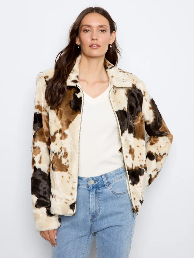 Charlie B Long Sleeve Fur Jacket in Cow Pattern