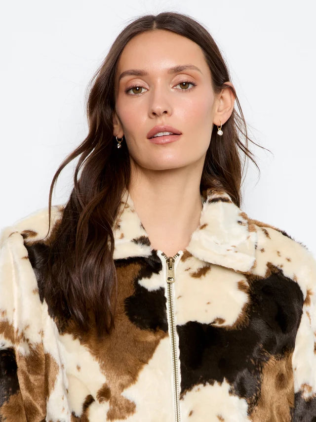 Charlie B Long Sleeve Fur Jacket in Cow Pattern