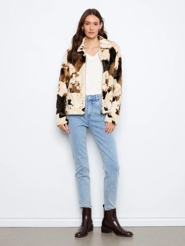 Charlie B Long Sleeve Fur Jacket in Cow Pattern