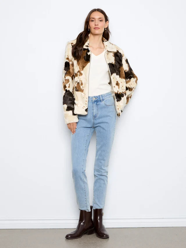 Charlie B Long Sleeve Fur Jacket in Cow Pattern