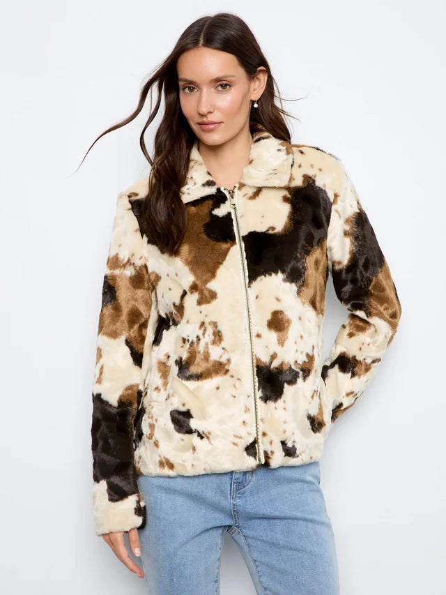 Charlie B Long Sleeve Fur Jacket in Cow Pattern