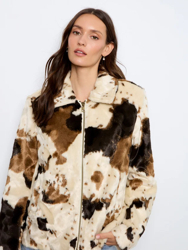 Charlie B Long Sleeve Fur Jacket in Cow Pattern