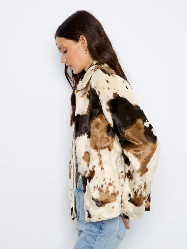 Charlie B Long Sleeve Fur Jacket in Cow Pattern