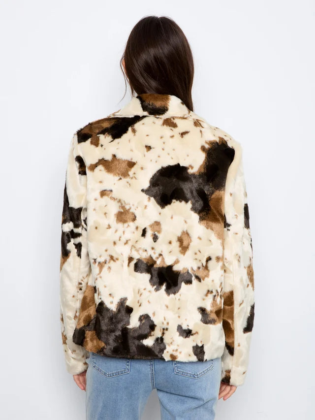 Charlie B Long Sleeve Fur Jacket in Cow Pattern