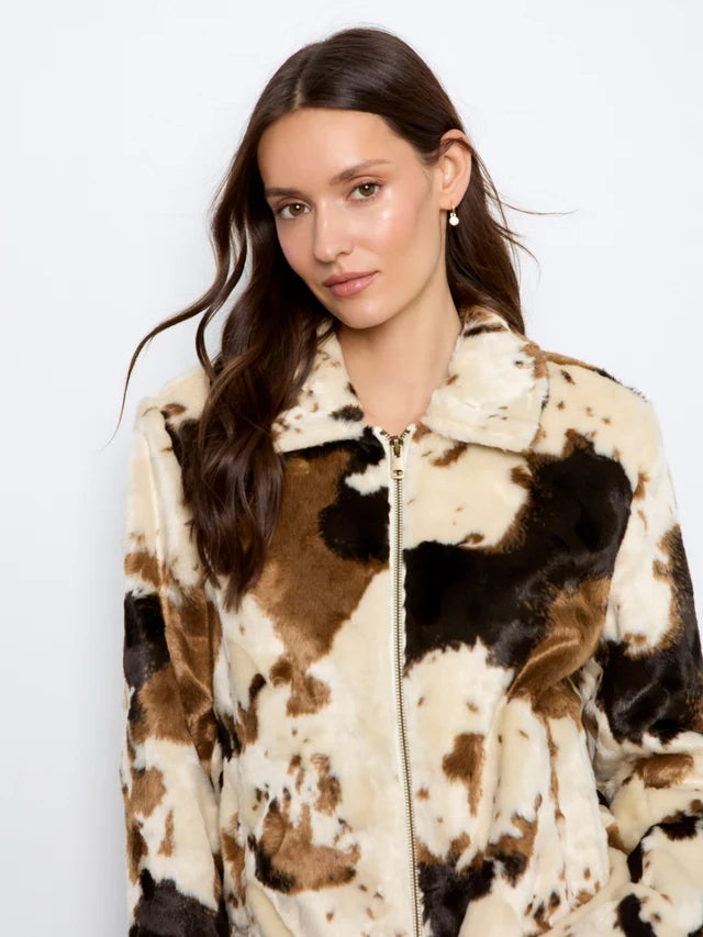 Charlie B Long Sleeve Fur Jacket in Cow Pattern