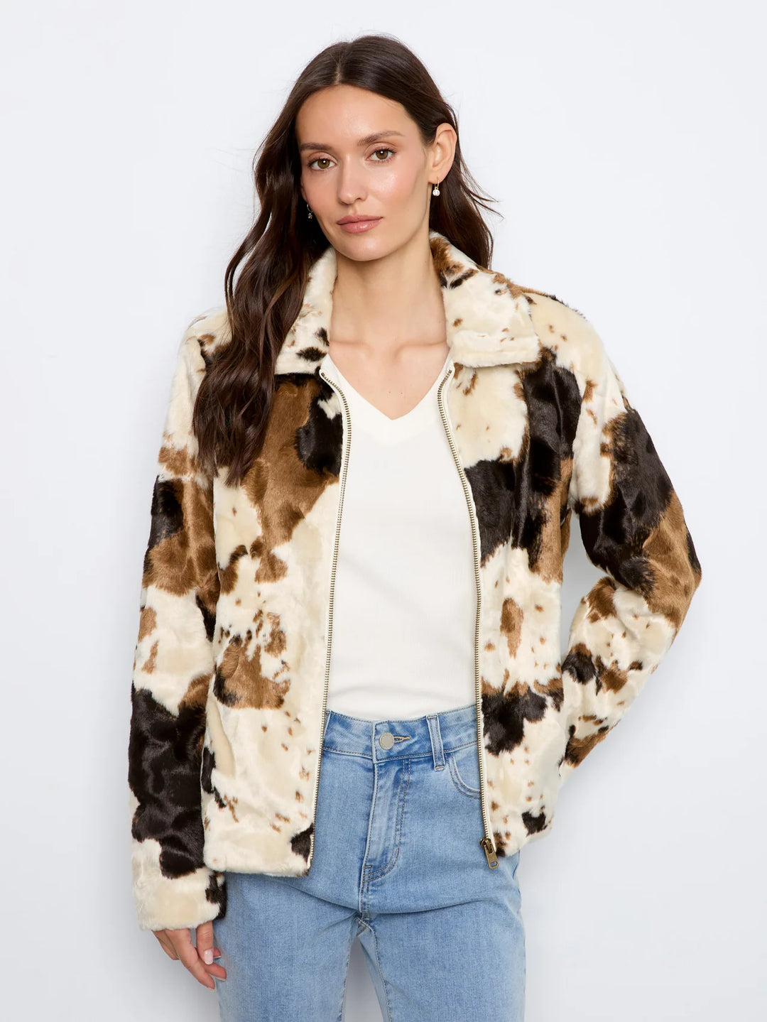 Charlie B Long Sleeve Fur Jacket in Cow Pattern