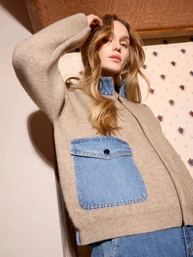 Charlie B Long Sleeve Zipped Sweater Jacket With Denim Pockets & Collar