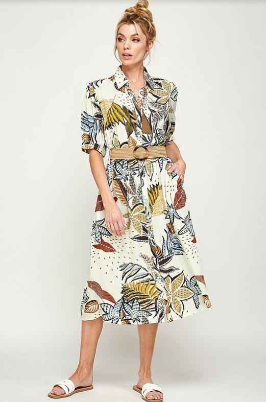 Ellison Tropical Print Shirt Dress With Belt
