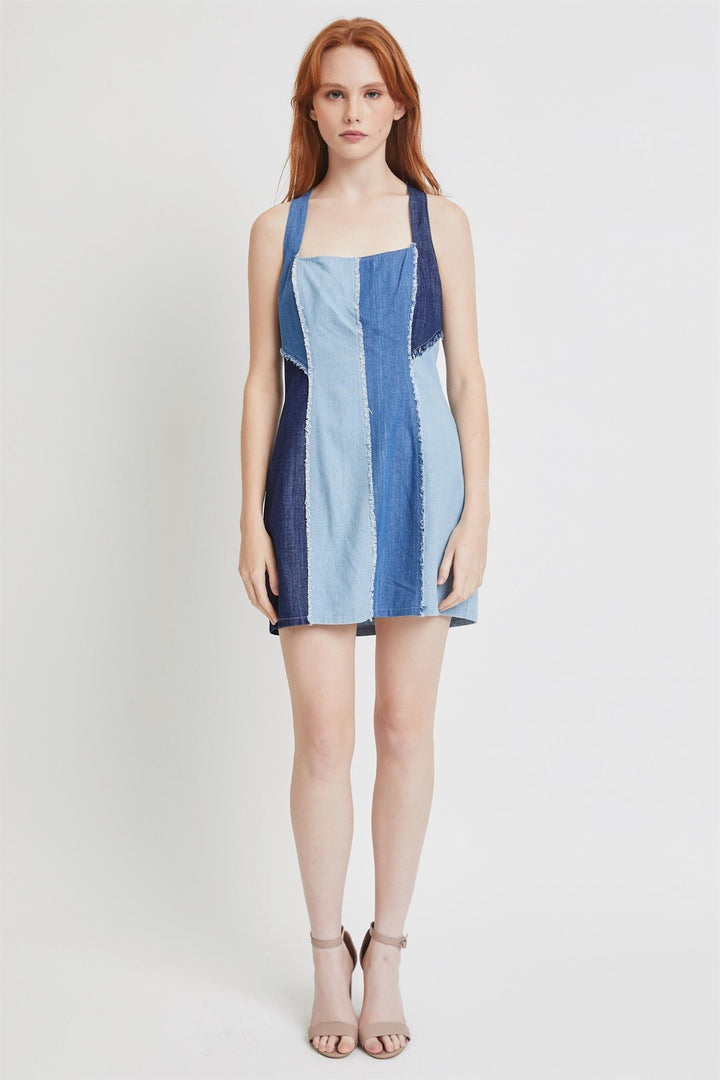 Lena Contrast Detail Denim Halter Neck Dress