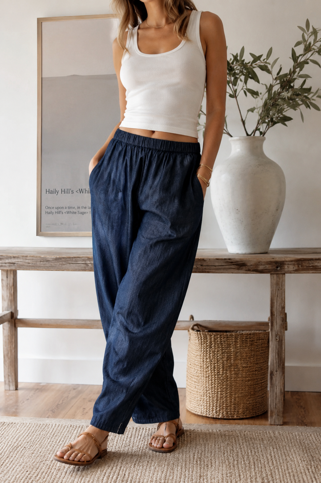Loucia Elastic Waistband Chambray Barrel Pants