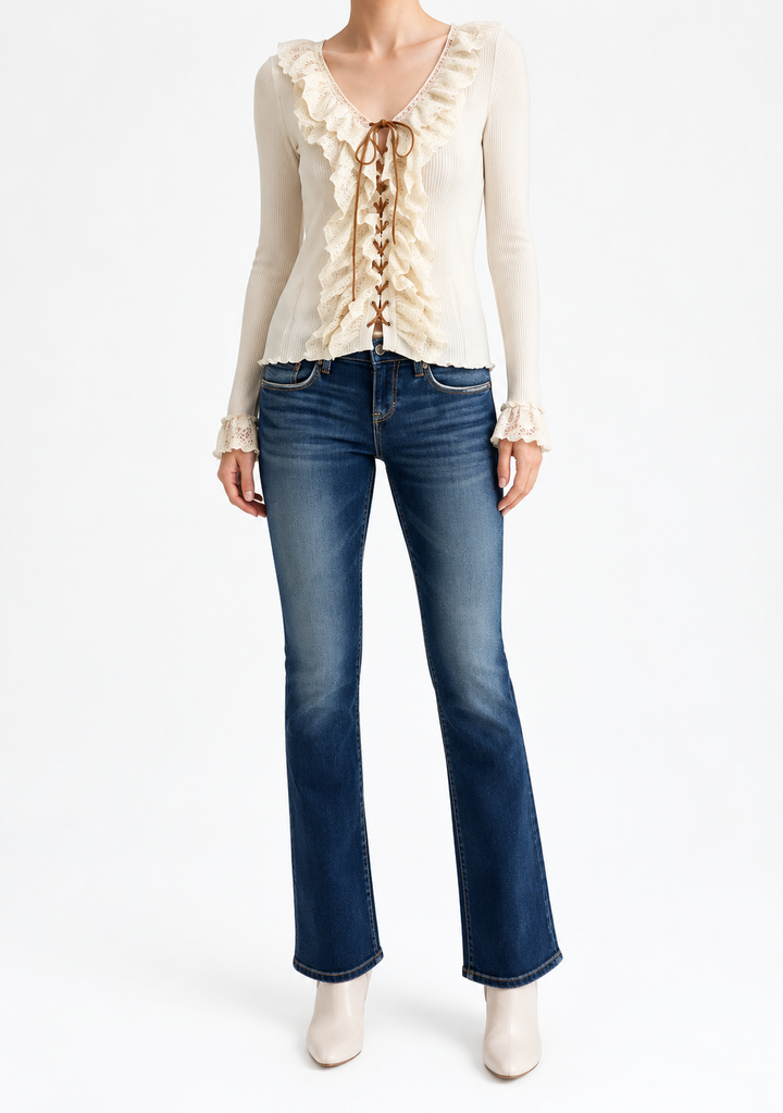 Miss Me Long Sleeve Ruffle Lace Up Top