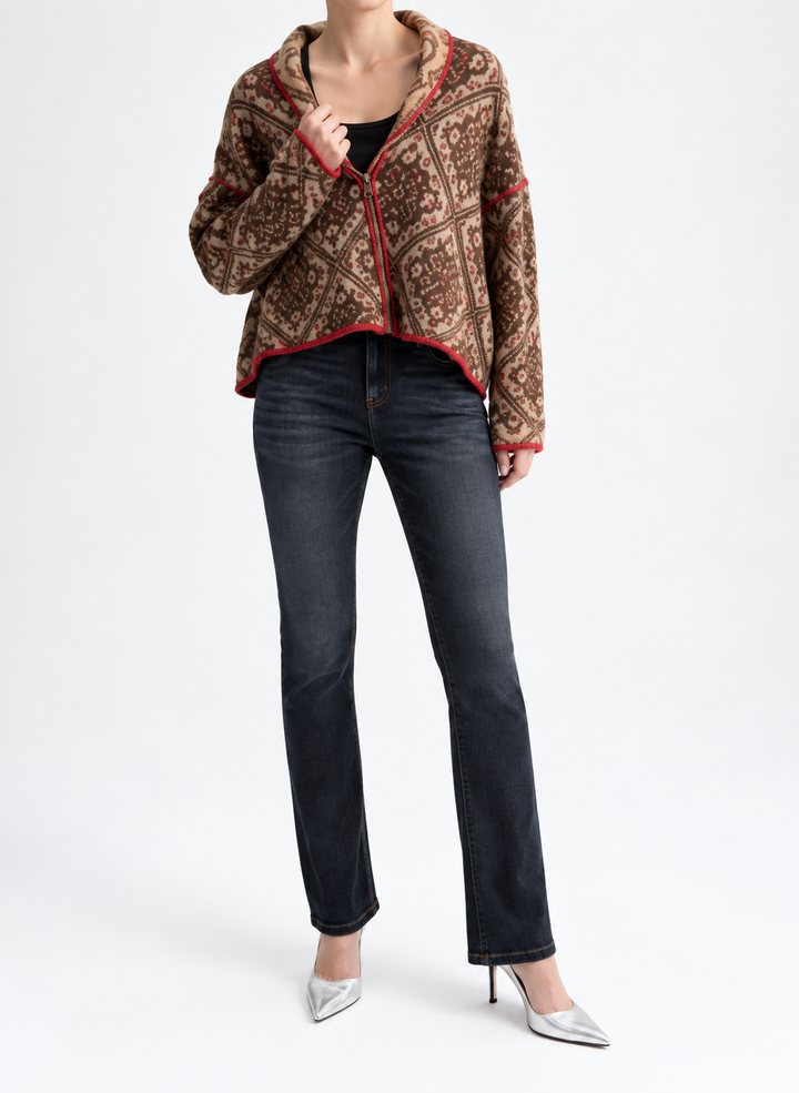 Miss Me Paisley Print and Red Contrast Stitching Sweater