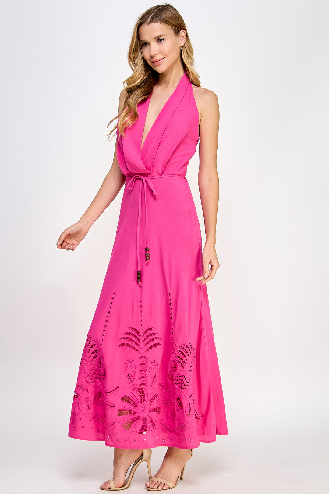 laser cut maxi dress Laser Cut Chiffon Maxi Dress With Draped Body And Gold Beadings RAISA VANESSA INT