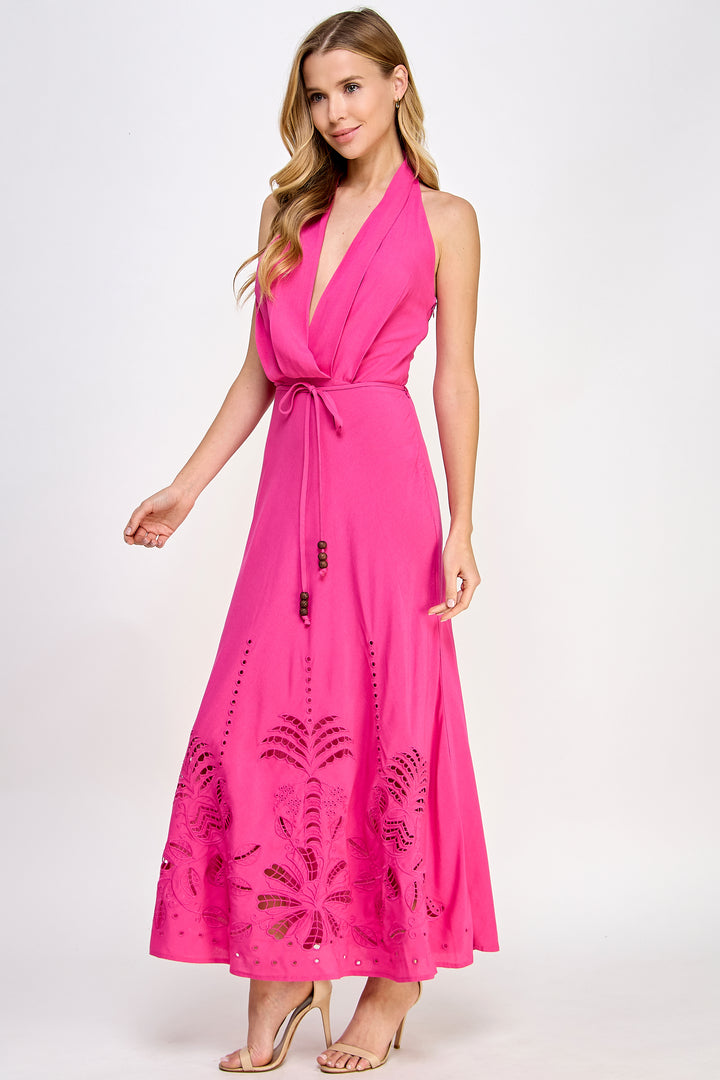 Rubienn Halter Border Laser Cut Embroidery Maxi Dress