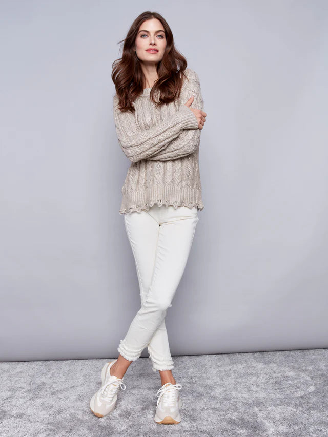 Charlie B Foiled Cable Knit Crew-Neck Sweater W/ Ditressed Hem