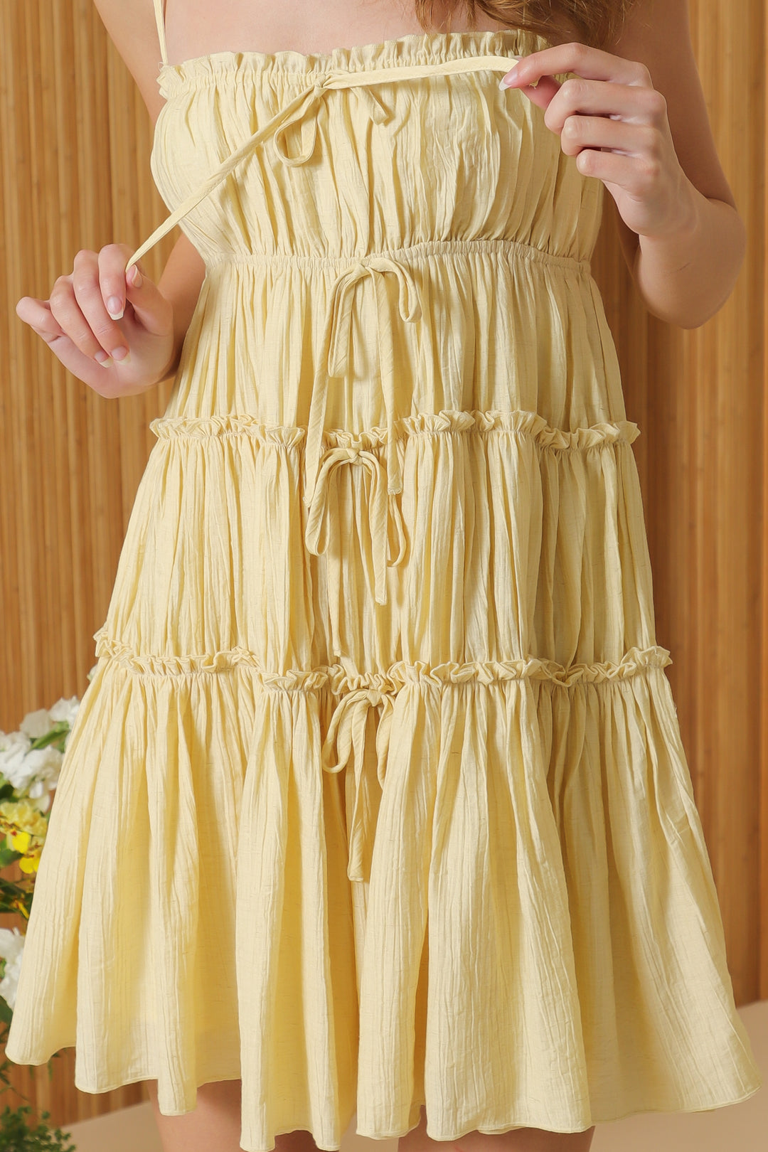 Aakaa Cinkle Linen Cami Tiered Mini Dress