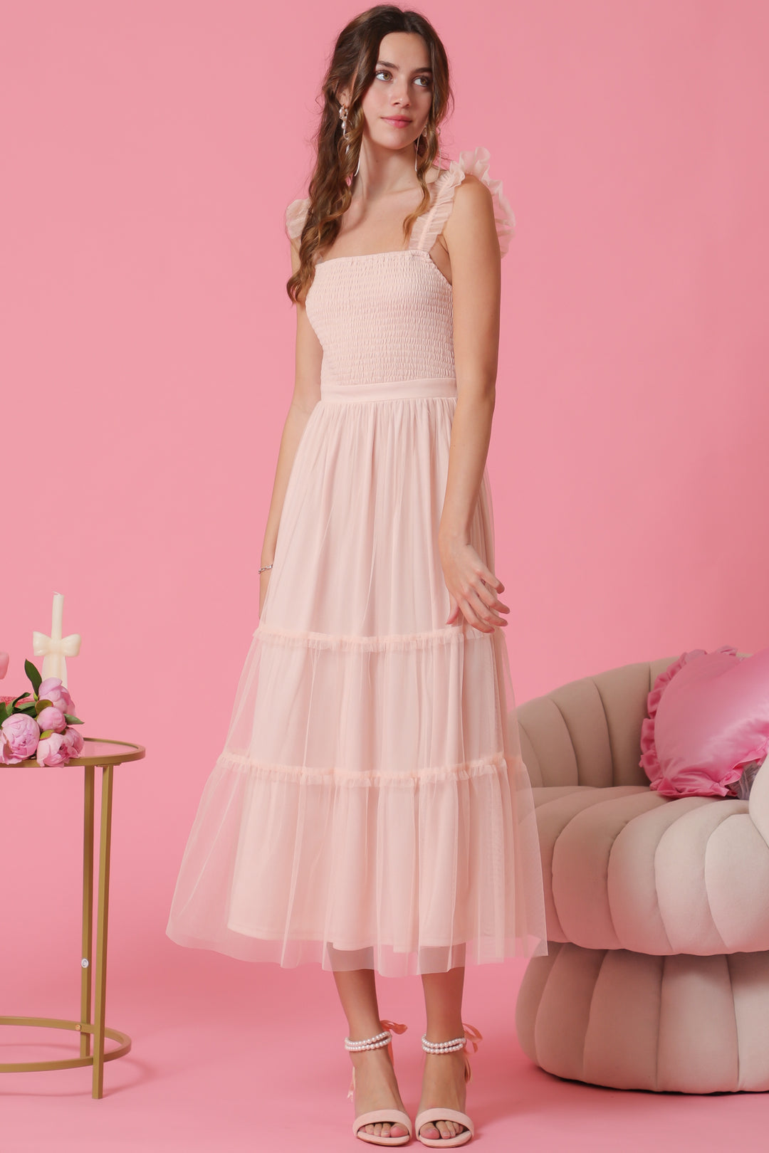 Aakaa Smoked Tulle Tiered Dress