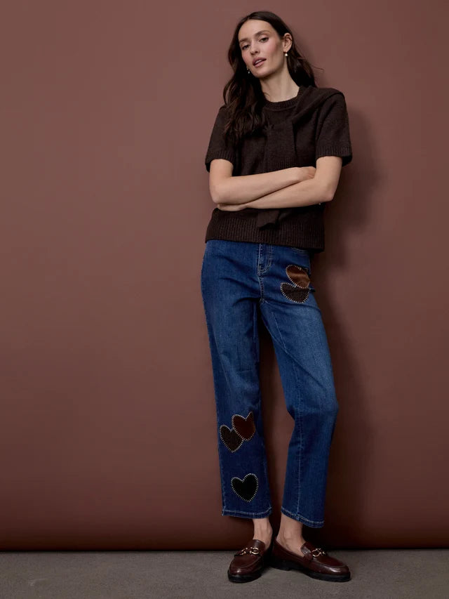 Charlie B Short Sleeve Crew Neck Sweater With Combined Sleeves Detail