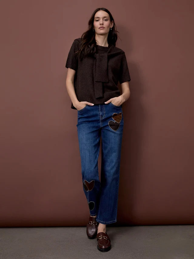 Charlie B Short Sleeve Crew Neck Sweater With Combined Sleeves Detail