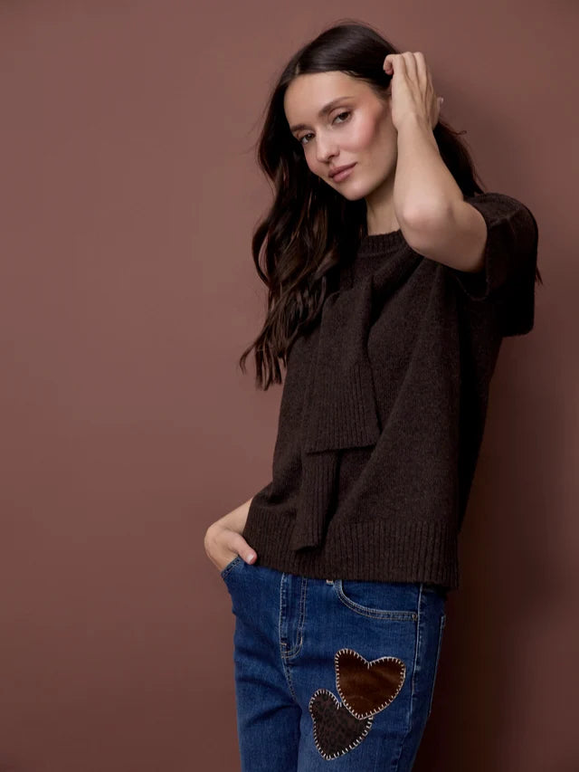 Charlie B Short Sleeve Crew Neck Sweater With Combined Sleeves Detail
