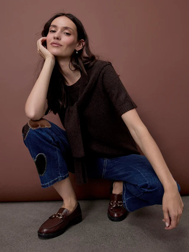 Charlie B Short Sleeve Crew Neck Sweater With Combined Sleeves Detail