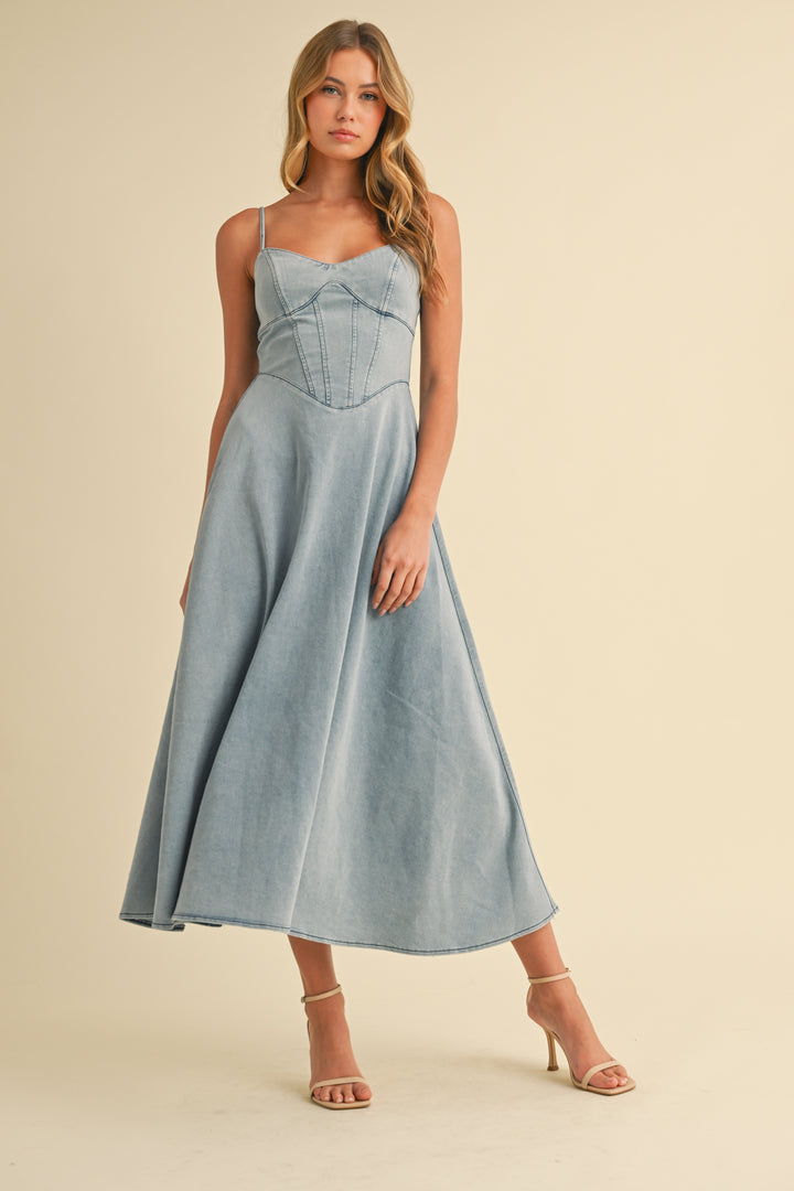 Klesis Denim Paneled A-Line Midi Dress
