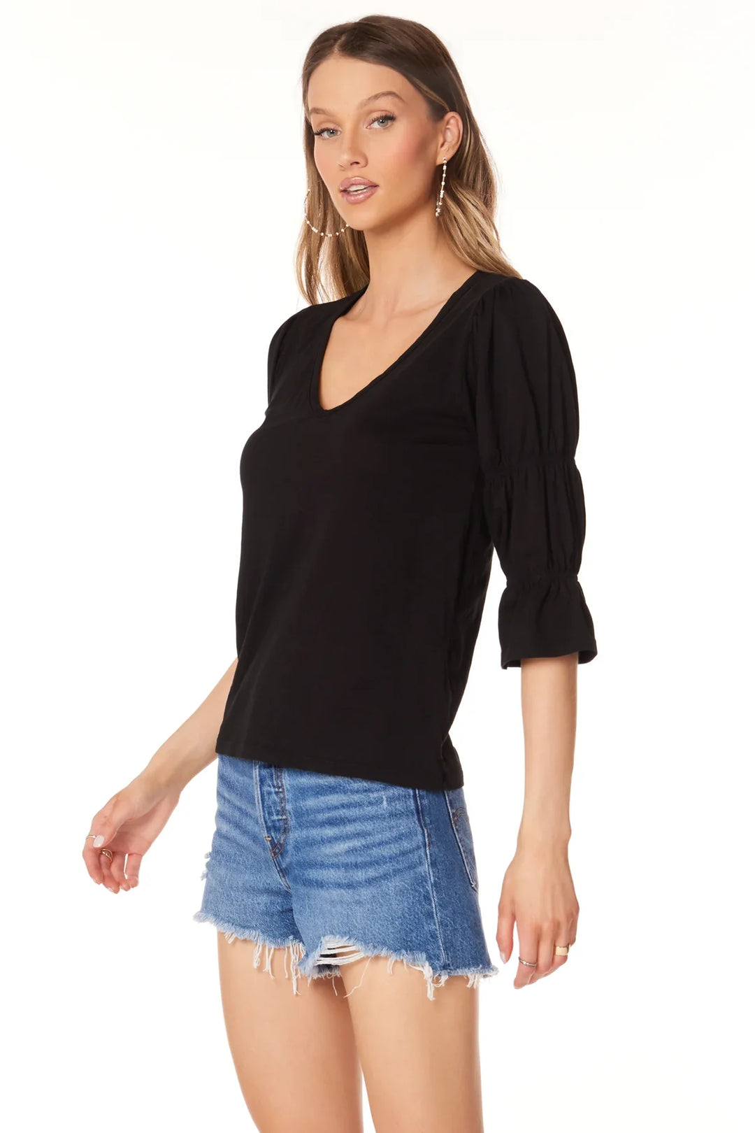 Bobi Elastic Detail 3/4 Sleeve V-Neck Top