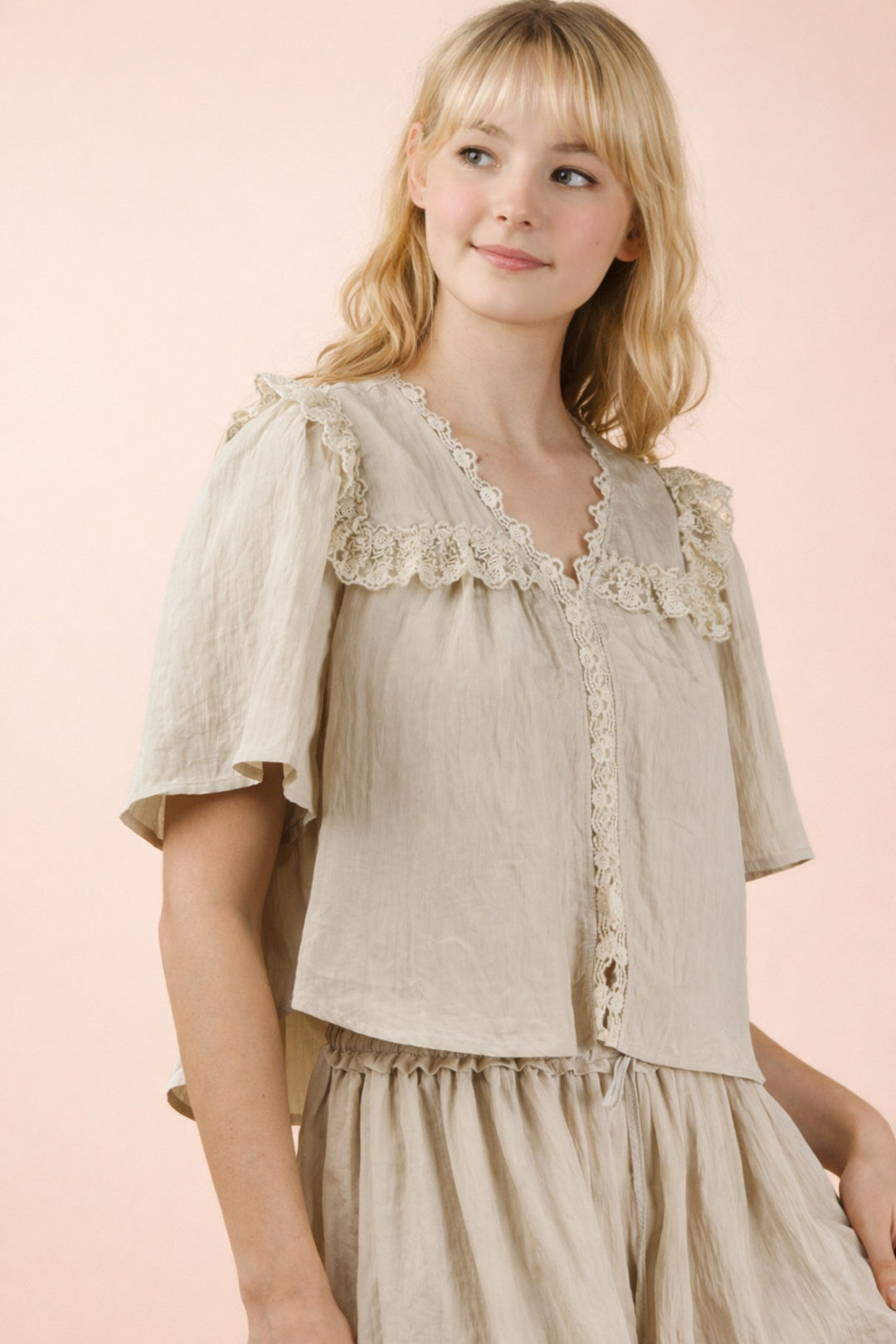 Very J Lace Trim Button Front Blouse