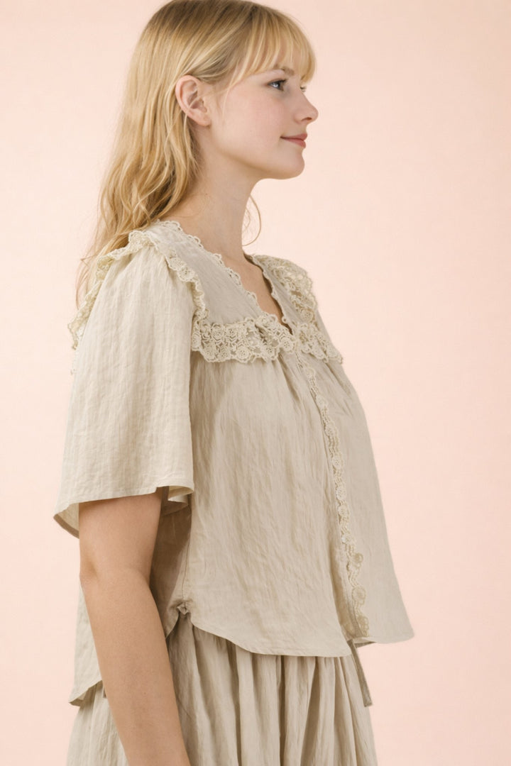 Very J Lace Trim Button Front Blouse