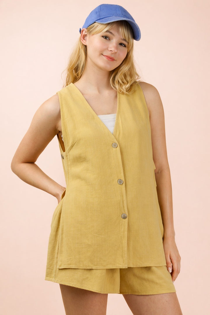 Very J Linen Blend Button Front Short Set