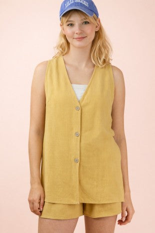 Very J Linen Blend Button Front Short Set