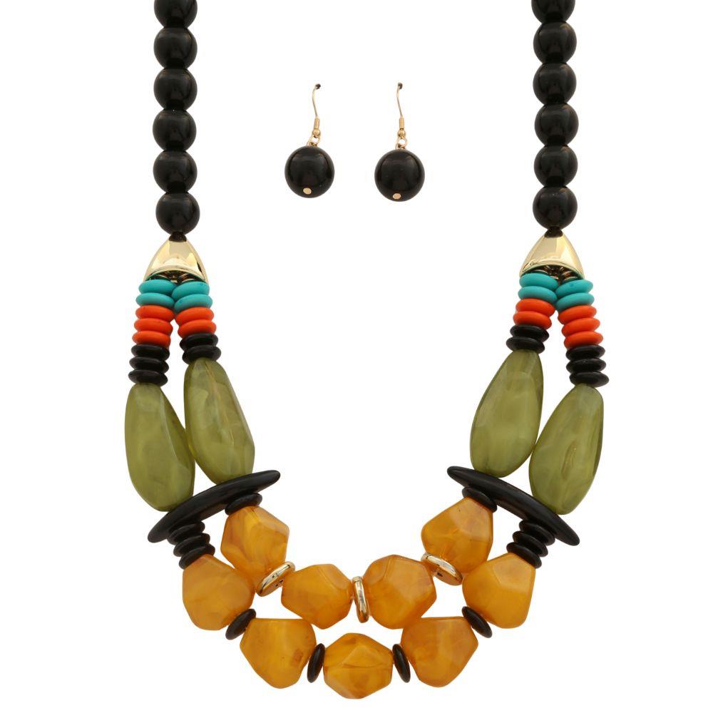 Joia Mixed Ethnic Bead Layered Necklace and Earring Set