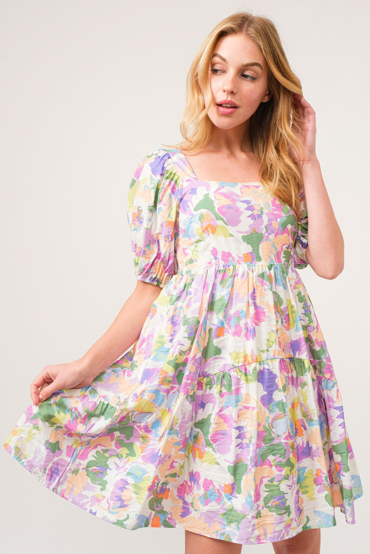 Andthewhy Square Neck Puff Sleeve Tiered Floral Dress