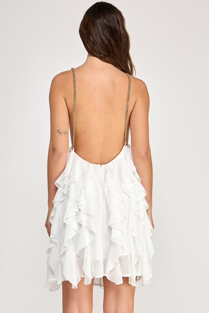 Spring Haze Ruffle with Gold Chain Mini Dress