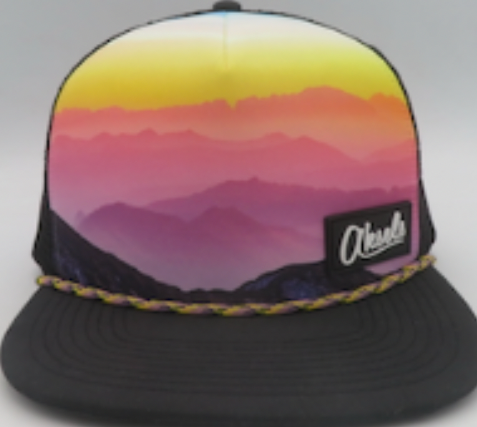 Aksels Mountain Sunset Views Foam Rope Flat Bill Hat