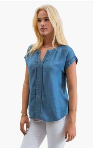 Mine Split Neck Ladder Lace Trim Chambray Top